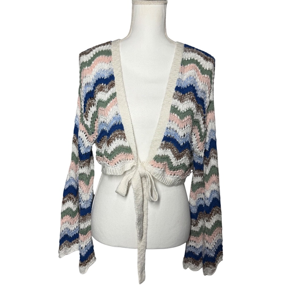 Francesca's Blue Rain Chevron Tie Front Cardigan M Multi Color Excellent Boho